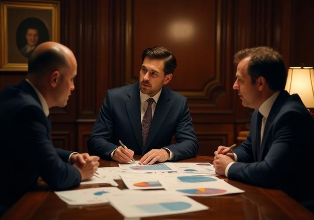 Founding team discussing charts around a mahogany table in a classic New York office