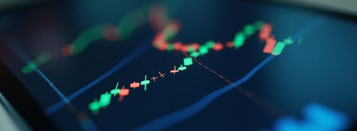 Close up of a financial market dashboard on a high-end tablet with blurred architectural background